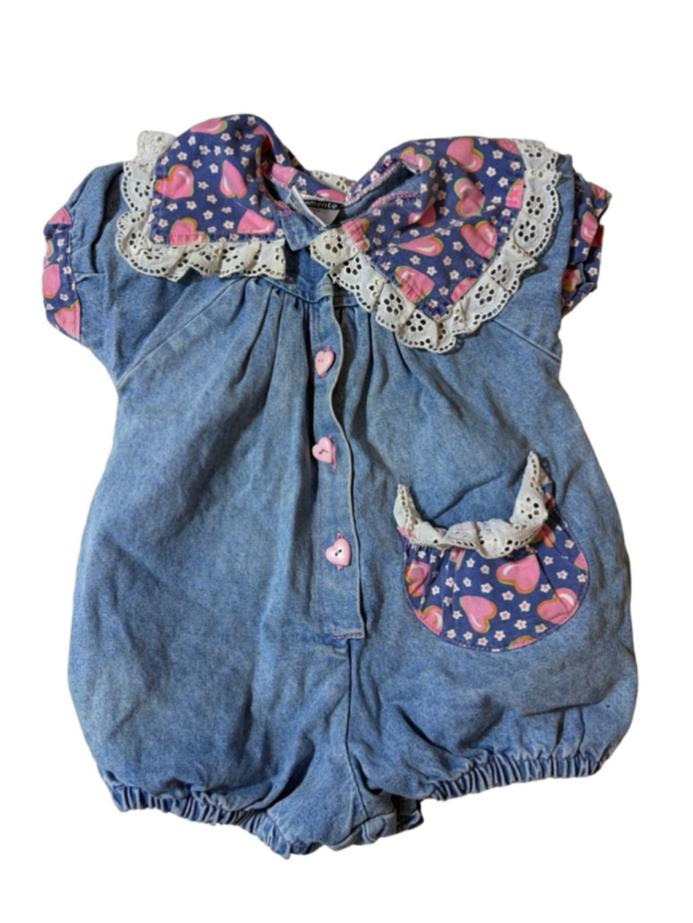 Momento Vintage Girls Denim Heart Floral Lace Collar Romper 3T